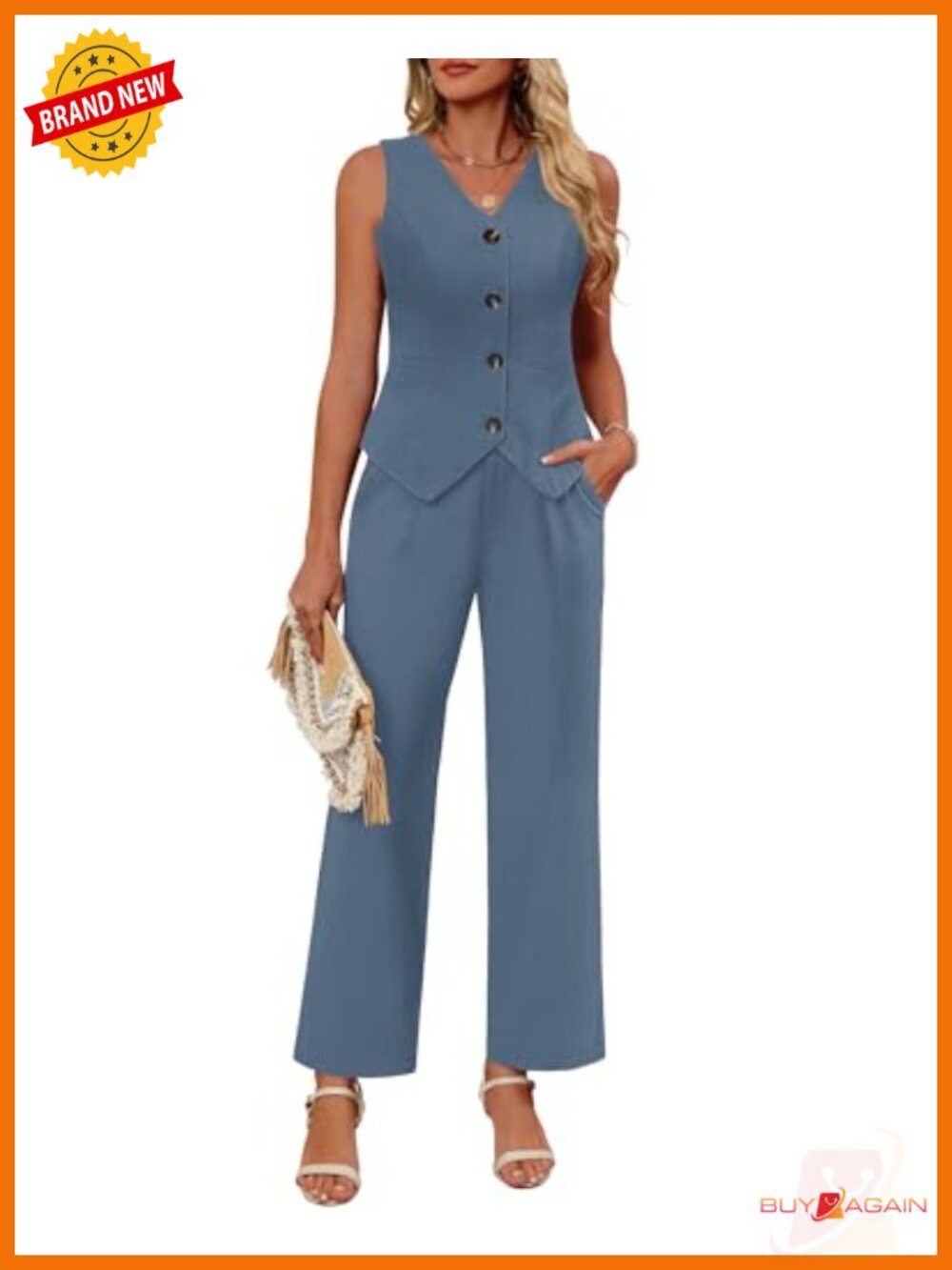 Cotton Linen Sleeveless Vest and Wide Leg Pant 2 Piece Suit Set